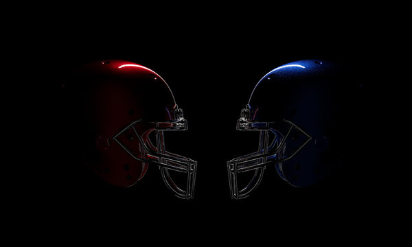 Red Versus Blue Shiny Metallic 3D Rendered Football Helmet with Dramatic Lighting Effect Over Black Background and Clipping Path