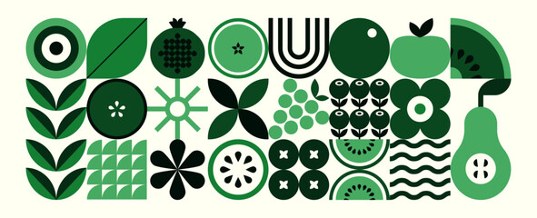 Abstract geometric food pattern. Natural organic fruit plant shapes eco agriculture concept. Vector minimal illustration