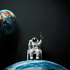 An astronaut sitting on a chair and on earth with a beer on his hand and says cheers. Generated with ai.