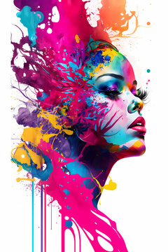 A colorful abstract in the shape of woman's head painted with watercolors on white background