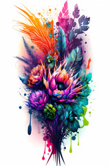An abstract design of a bouquet of flowers painted with colorful watercolors on white background
