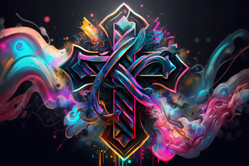 An abstract design of a cross painted with colorful watercolors on black background