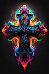 An abstract design of a cross painted with colorful watercolors on black background