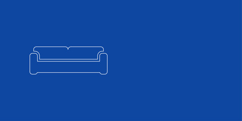 A large white outline sofa symbol on the left. Designed as thin white lines. Vector illustration on blue background