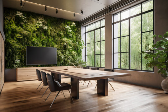 Eco-friendly Office Meeting Room interior with Biophilic Design Elements. Big blank TV screen. Generative AI