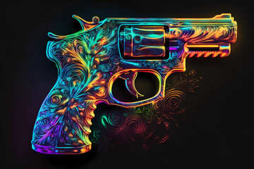 An abstract design of a gun painted with watercolors on black background