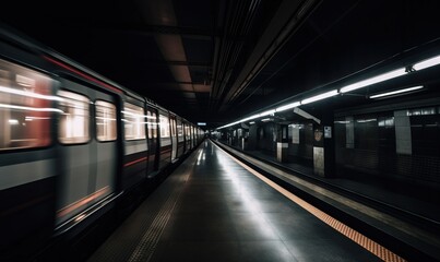  a subway station with a train passing by at night time.  generative ai
