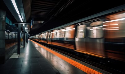  a subway train is moving through the station at night time.  generative ai