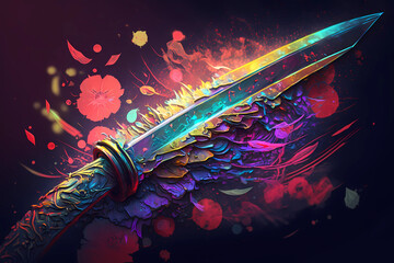 An abstract concept of a samurai tanto ritual dagger painted with watercolors on black background