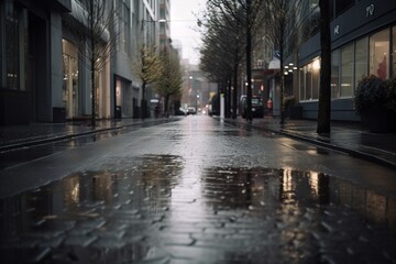  a city street with a wet sidewalk and buildings on both sides.  generative ai