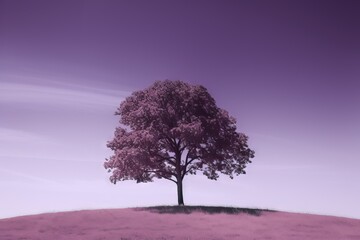 Fototapeta na wymiar a tree on a hill with a purple sky in the background. generative ai
