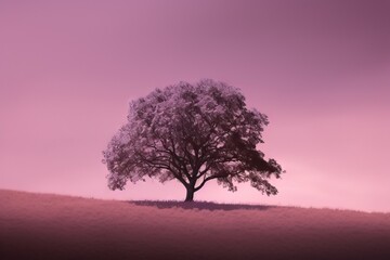 Fototapeta na wymiar a lone tree in a field with a pink sky in the background. generative ai