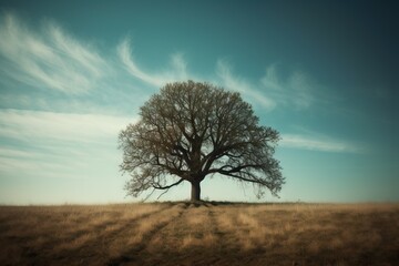  a lone tree in a field with a blue sky in the background.  generative ai