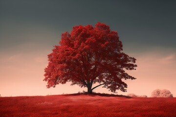  a red tree on a hill with a sky background in the background.  generative ai