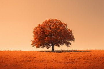 Naklejka na ściany i meble a lone tree in a field with orange sky in the background. generative ai
