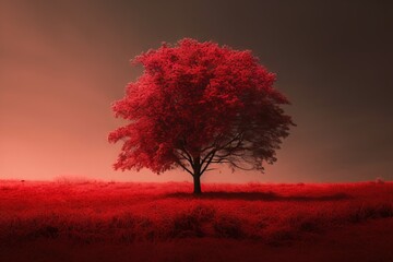 Naklejka na ściany i meble a red tree in a field with a red sky in the background. generative ai