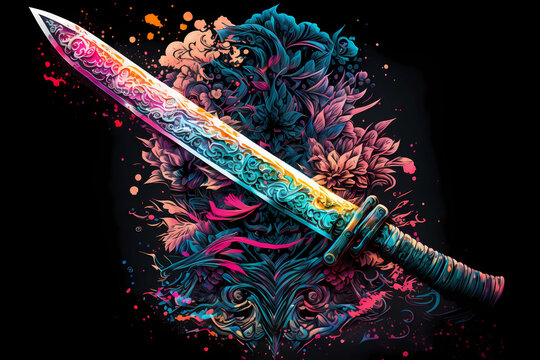 An abstract concept of a samurai tanto ritual dagger painted with watercolors on black background