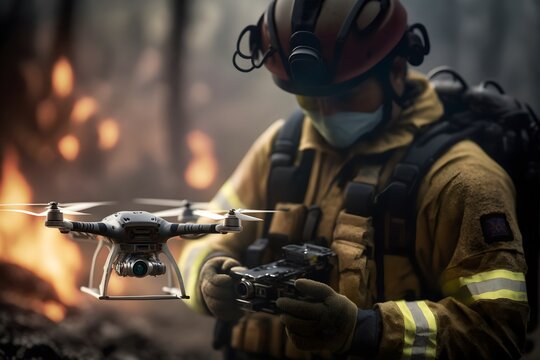 A firefighter controlling and flying a drone while standing in the middle of forest fire to detect and rescue any living creatures in the vicinity created with Generative AI Technology.