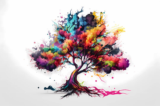 An abstract colorful tree painted with neon watercolors on white background