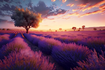 Fototapeta na wymiar Beautiful lavender purple field in Toscana, Italy during sunset