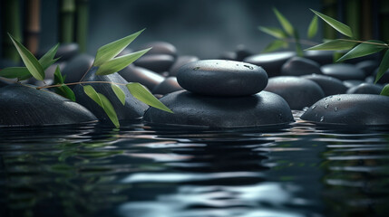 Black spa stones with water drops and bamboo on dark background.generative ai