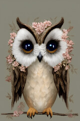 Beautiful owl with floral decoration. Colorful wildlife portrait Poster with baby wild animals, generative AI.