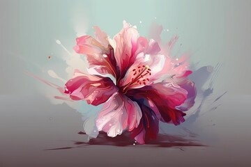  a pink flower with white and red petals on a gray background.  generative ai
