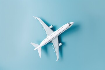 Fototapeta na wymiar a white airplane is flying in the air on a blue background. generative ai