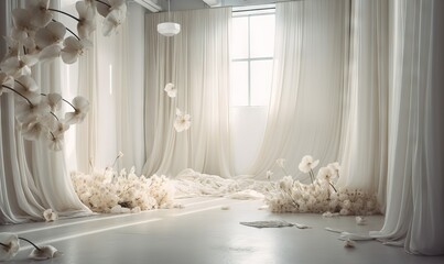  a room with a bunch of white flowers on the floor.  generative ai