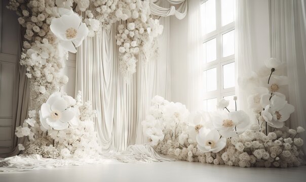 a white room with flowers on the wall and curtains on the windowsill.  generative ai
