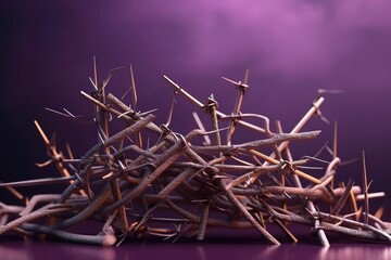 Christian cross, three rusty nails and a woven crown of thorns on purple background. Generative AI