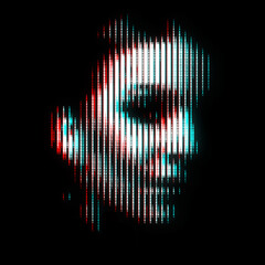 Abstract woman portrait illustration in halftone black and white television screen pixels pattern. Glitched and corrupted female face in halftone and old CRT TVs and VHS pixel style. RGB color split