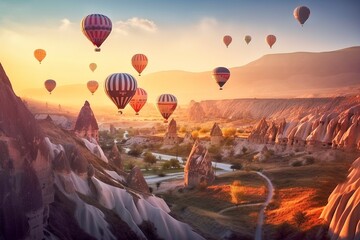 Hot Air Balloons Soaring, Otherworldly Cappadocia Landscape, Dawn Light, Rock Formations, Generative AI