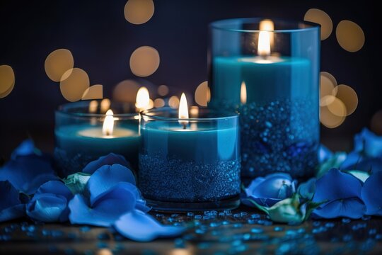  three blue candles with blue flowers on a black table with lights in the background.  generative ai