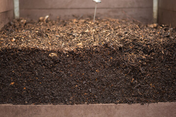 mature compost ready to use in garden produced in a community composter. Concept of recycling and sustainability