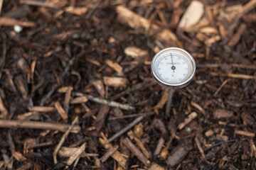 Immature compost managed in a community composter with one thermometer to control the process. Concept of recycling and sustainability