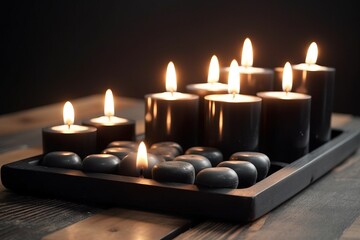  a group of lit candles sitting on top of a wooden table.  generative ai