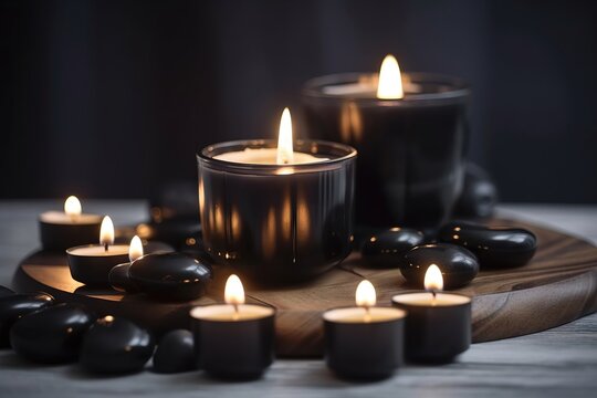 a group of candles sitting on top of a wooden table.  generative ai