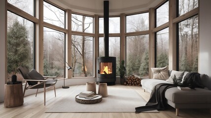 Salon moderne avec un poêle à bois en train de fonctionner pendant l'hiver - Illustration IA	
 - obrazy, fototapety, plakaty