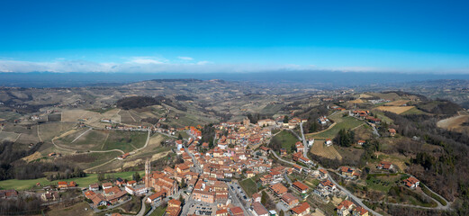 panorama view of the picturesque village of Montforte d'Alba in the Barolo wine region of the Italian Piedmont