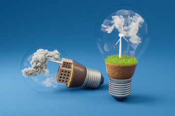 lightbulbs with minature wind turbine and coal-fired power station  inside; green soil and clouds; pollution and smoke; renewable clean energy concept; infinite background; 3D Illustration