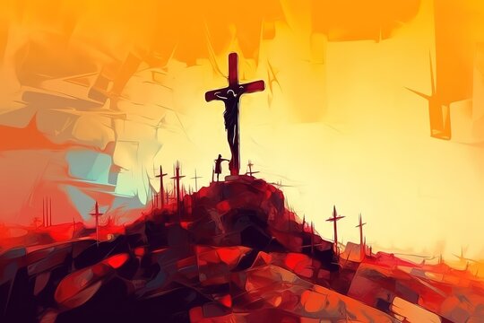 Jesus Christ on the cross - on the Calvary Hill Abstract artistic religious illustration of Good Friday. Generative AI