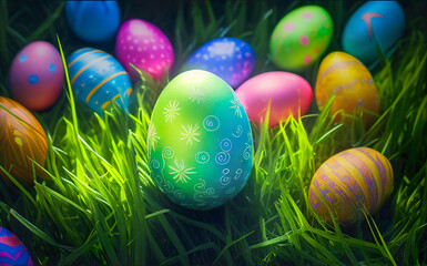 Fototapeta na wymiar Easter eggs on green fresh grass with bright, transparent and glow light effect. AI Generated.