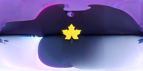 Photo of a vibrant yellow maple leaf on a contrasting purple background
