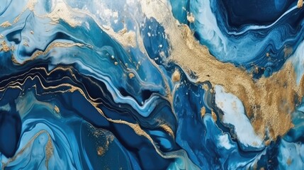 Blue marble and gold abstract background texture. Ocean blue natural luxury style swirls of marble and gold powder - Generative AI