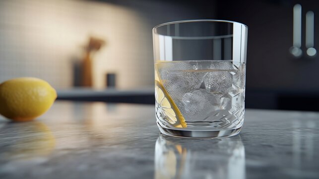 A glass of cold water with ice cubes, placed on a marble countertop. There's a lemon slice on the rim of the glass, and droplets of water on the surface AI Generative