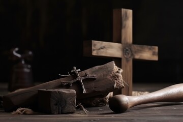 Old wooden cross, hammer, y nails and crown of thorns on ground Banner Copy space Good friday Passion, of Jesus Christ Christian Easter holiday Gospel, salvation. Generative AI