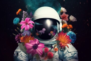 An astronaut floating in space surrounded by a beautiful garden of flowers. Created by Generative AI.