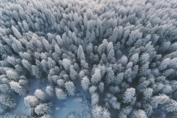  cinematic view of snow-laden trees in a winter forest, shot from above, is a stunning reminder of the majesty and power of nature. Generative AI.