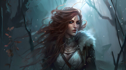 Fototapeta premium fantasy female character in a cool background (ai generated)